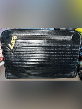 Mario Valentino Black Embossed Leather Zip-Top Clutch